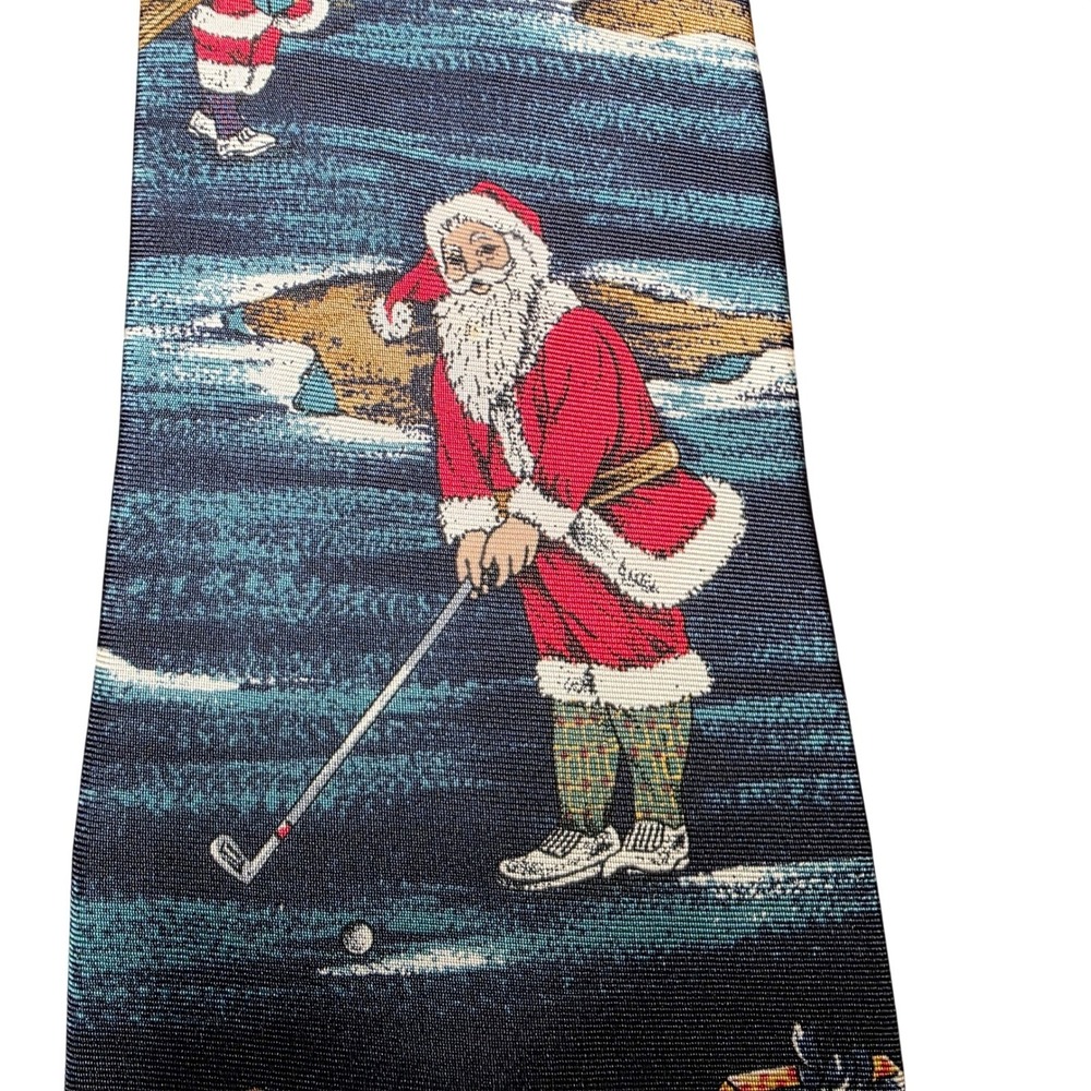 Vintage Requirements Mens Silk Tie Navy Blue‎ Santa Claus Golfing Christmas